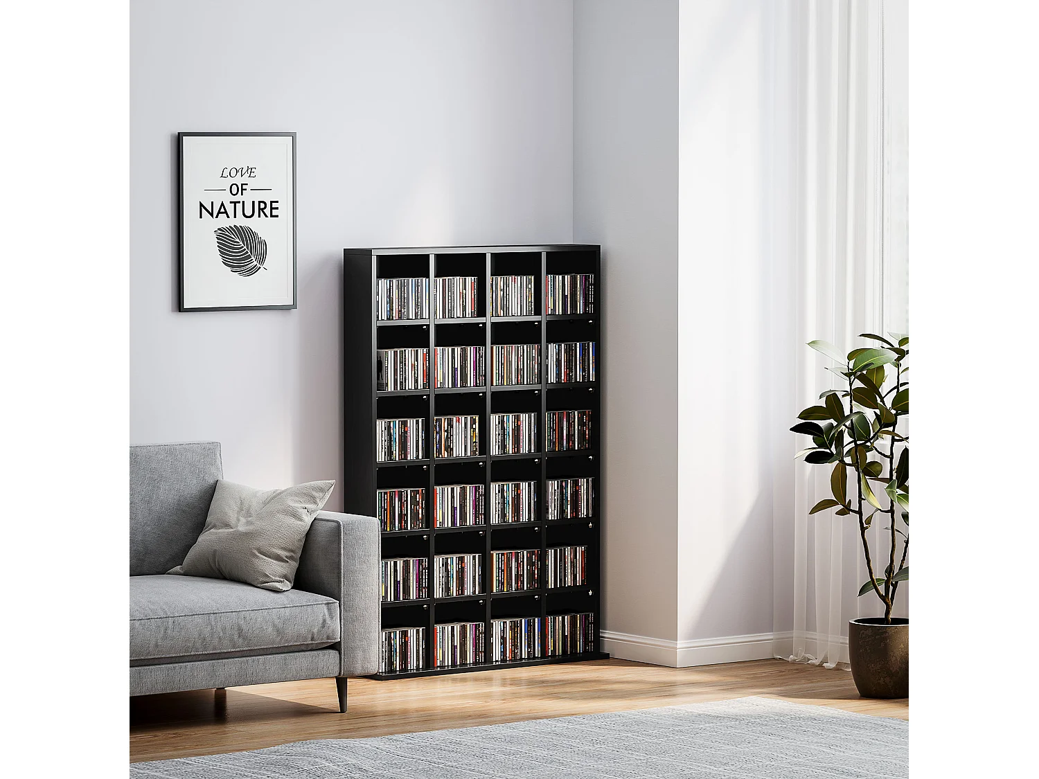 Étagère rangement CD/DVD meuble de rangement pour 480 CDs 24 compartiments réglables en hauteur 89 x 20 x 130 cm noir