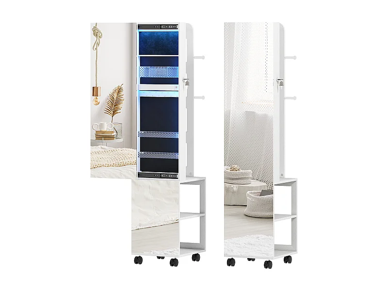 Armoire à bijoux LED miroir penderie multi-rangement 3 en 1 dim. 40 x 37 x 165 cm effet bois blanc