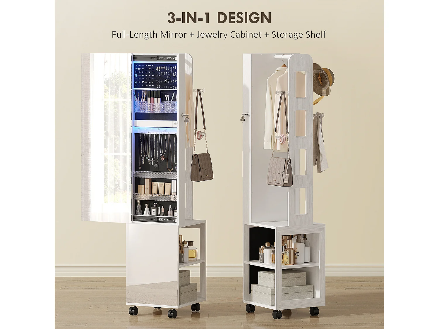 Armoire à bijoux LED miroir penderie multi-rangement 3 en 1 dim. 40 x 37 x 165 cm effet bois blanc