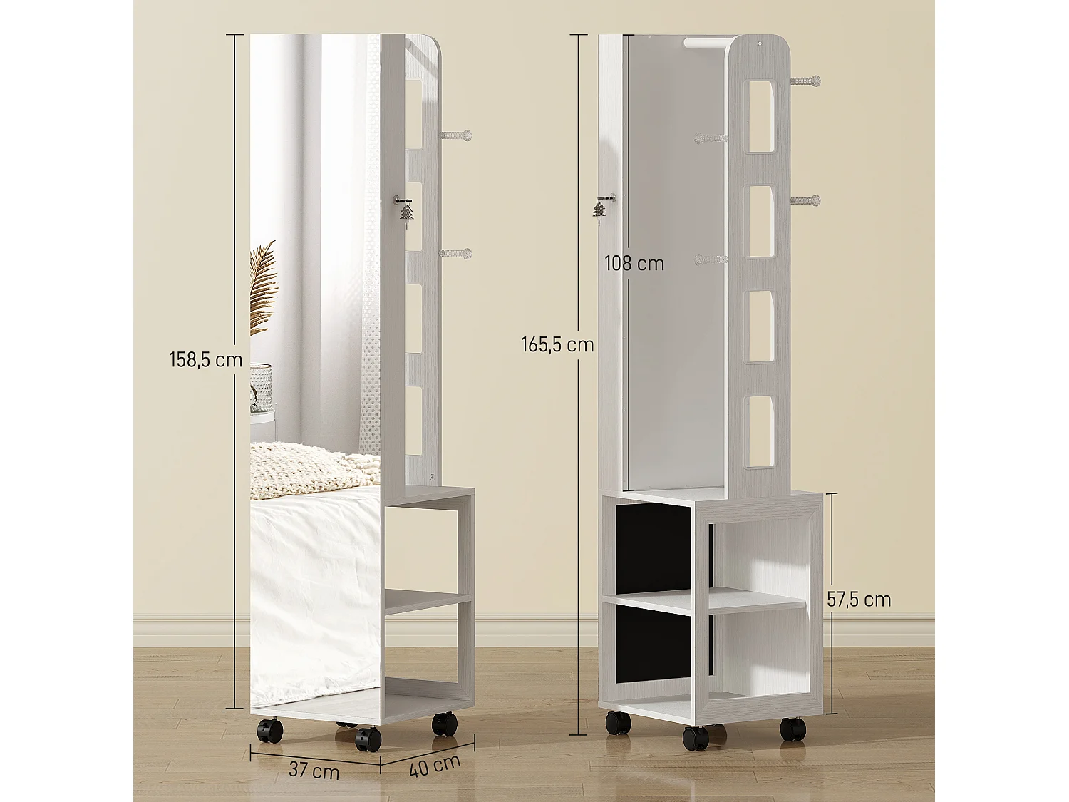 Armoire à bijoux LED miroir penderie multi-rangement 3 en 1 dim. 40 x 37 x 165 cm effet bois blanc