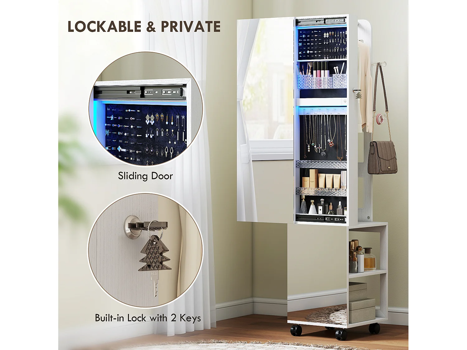 Armoire à bijoux LED miroir penderie multi-rangement 3 en 1 dim. 40 x 37 x 165 cm effet bois blanc