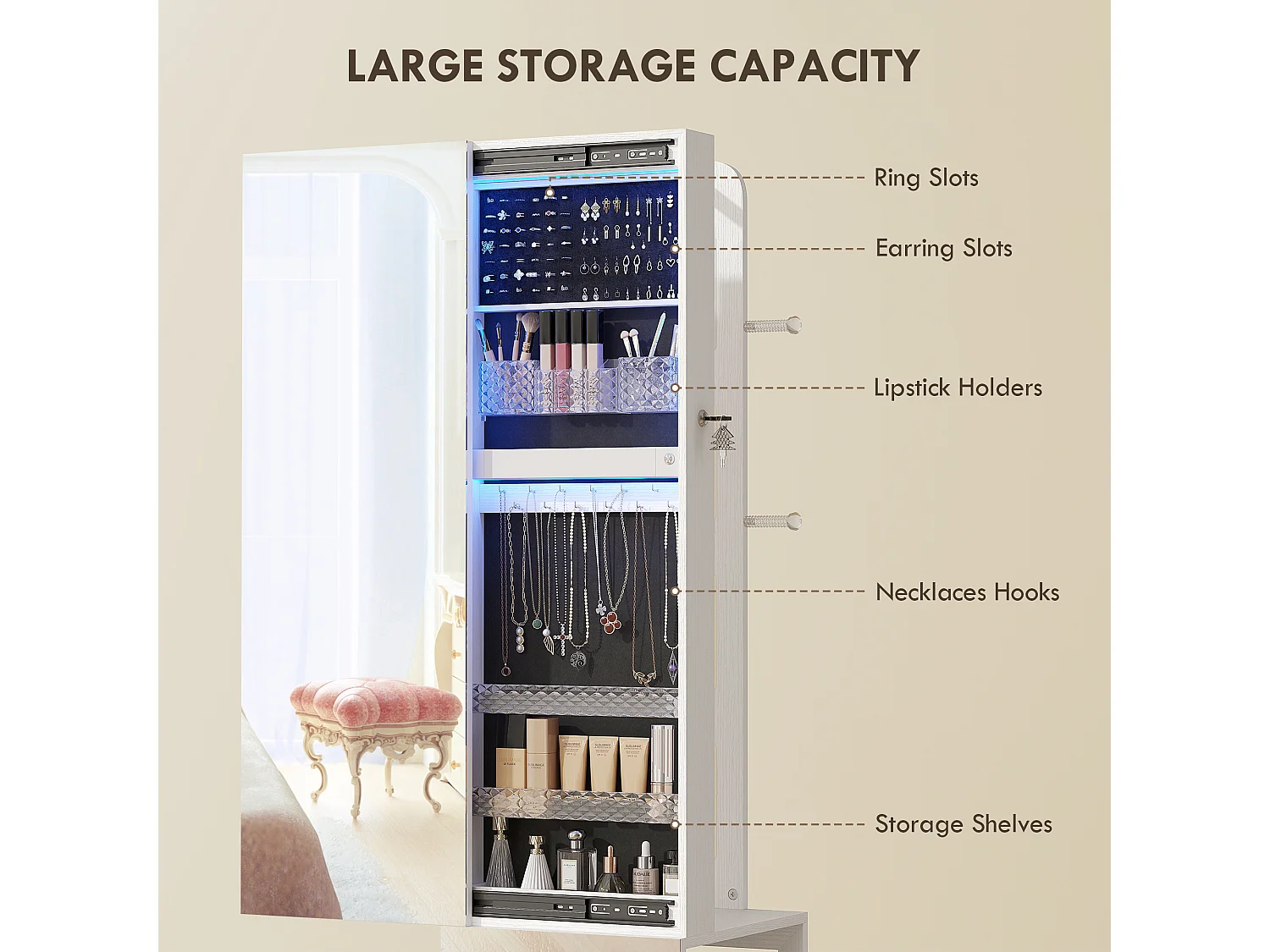 Armoire à bijoux LED miroir penderie multi-rangement 3 en 1 dim. 40 x 37 x 165 cm effet bois blanc
