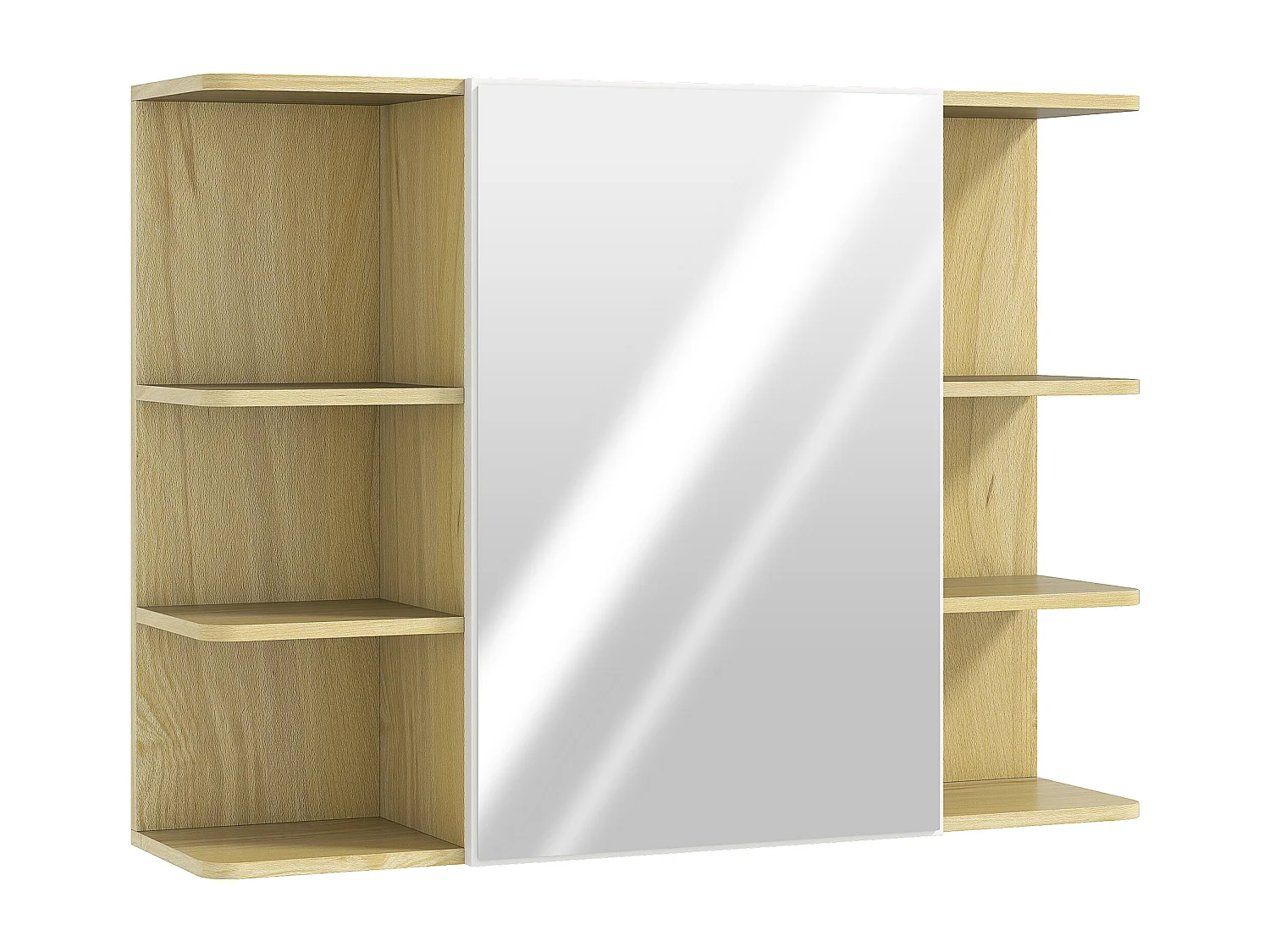 Armoire miroir murale salle de bain - porte, étagère, 2x3 tablettes latérales - 80 x 20 x 59 cm - effet bois clair