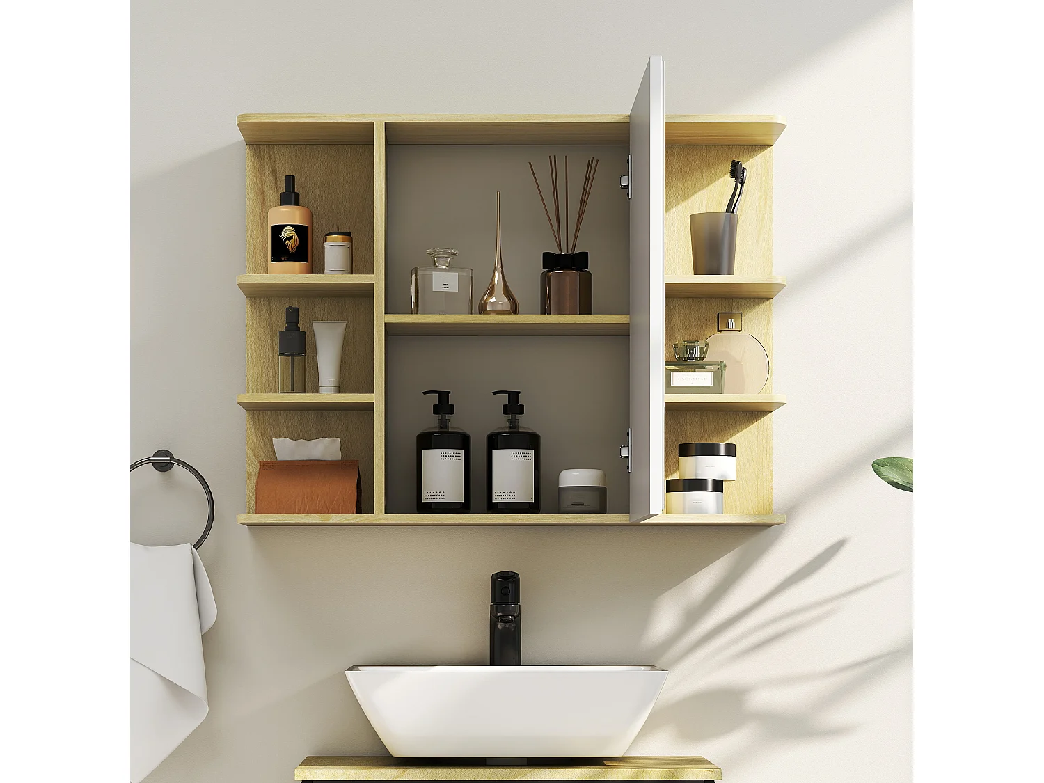 Armoire miroir murale salle de bain - porte, étagère, 2x3 tablettes latérales - 80 x 20 x 59 cm - effet bois clair