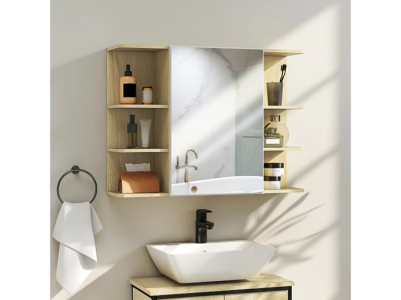 Armoire miroir murale salle de bain - porte, étagère, 2x3 tablettes latérales - 80 x 20 x 59 cm - effet bois clair