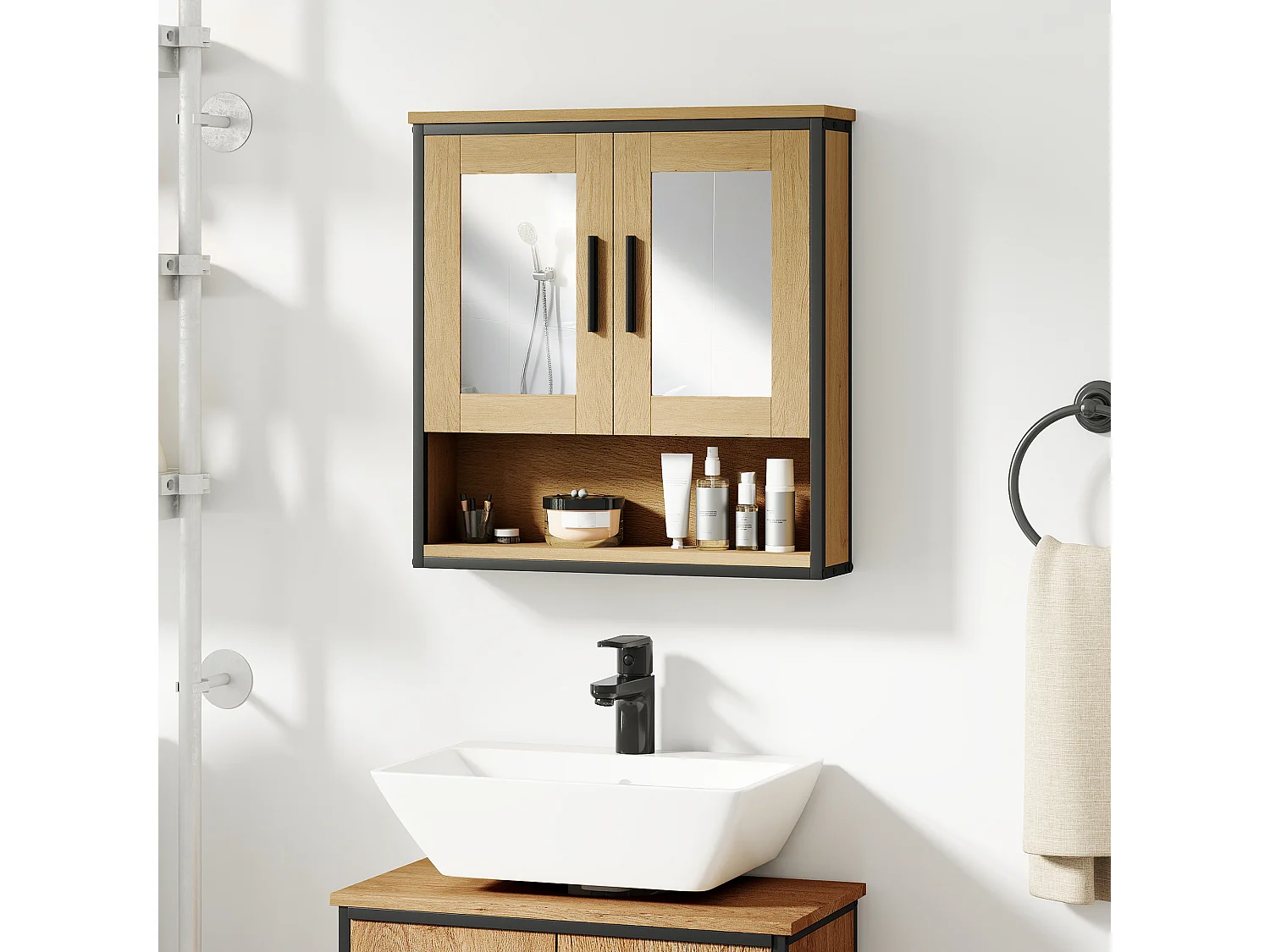 Armoire miroir murale salle de bain - 2 portes, étagère, niche - acier noir effet bois