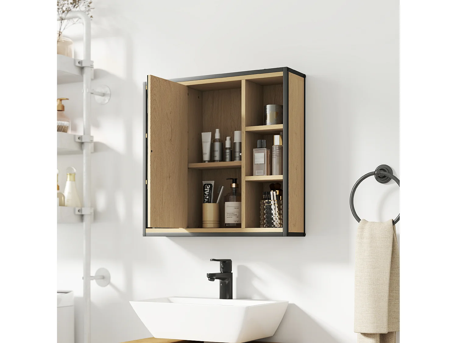 Armoire miroir murale salle de bain - 2 portes, étagère, niche - acier noir effet bois