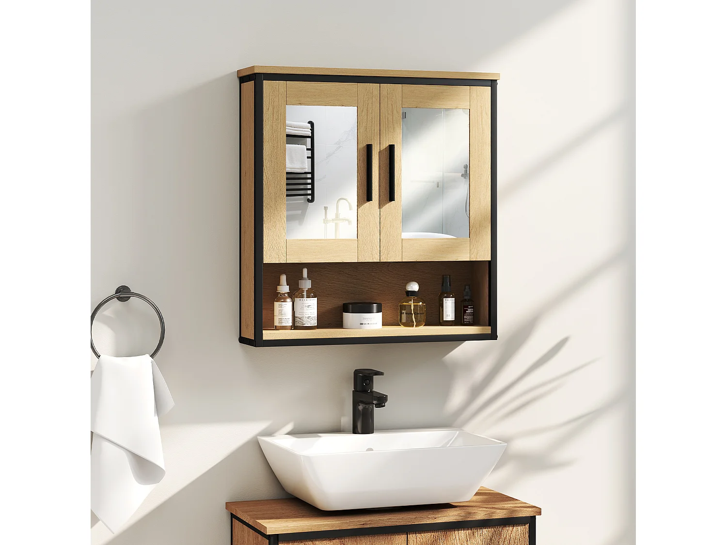 Armoire miroir murale salle de bain - 2 portes, étagère, niche - acier noir effet bois