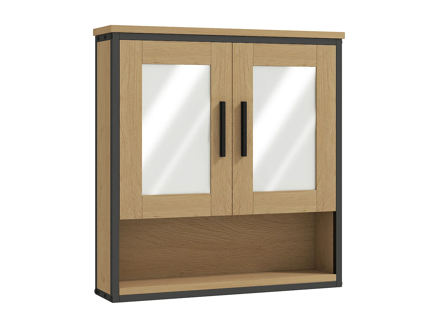 Armoire miroir murale salle de bain - 2 portes, étagère, niche - acier noir effet bois