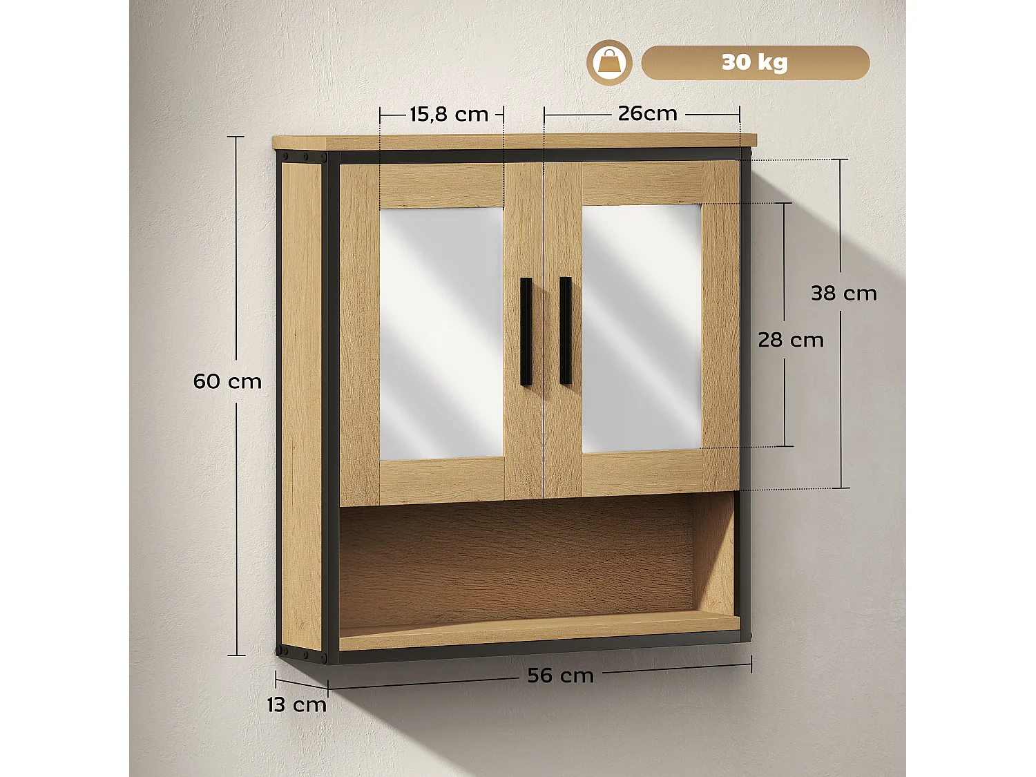 Armoire miroir murale salle de bain - 2 portes, étagère, niche - acier noir effet bois