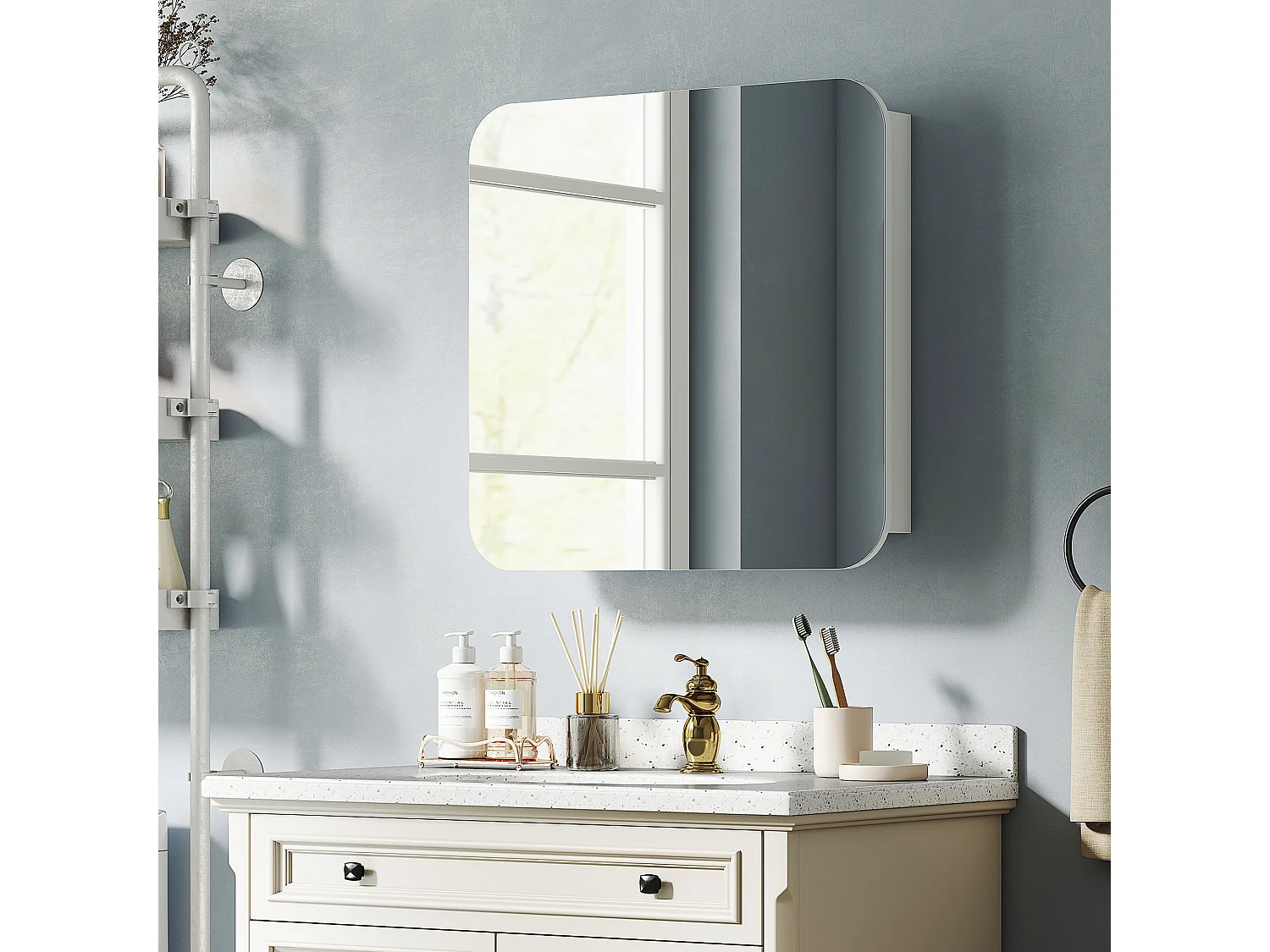 Armoire miroir murale salle de bain design arqué 2 portes dim. 68 x 13 x 66 cm blanc