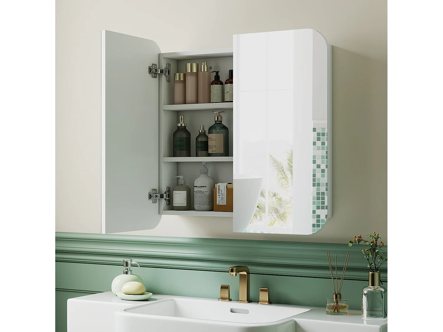 Armoire miroir murale salle de bain design arqué 2 portes dim. 68 x 13 x 66 cm blanc