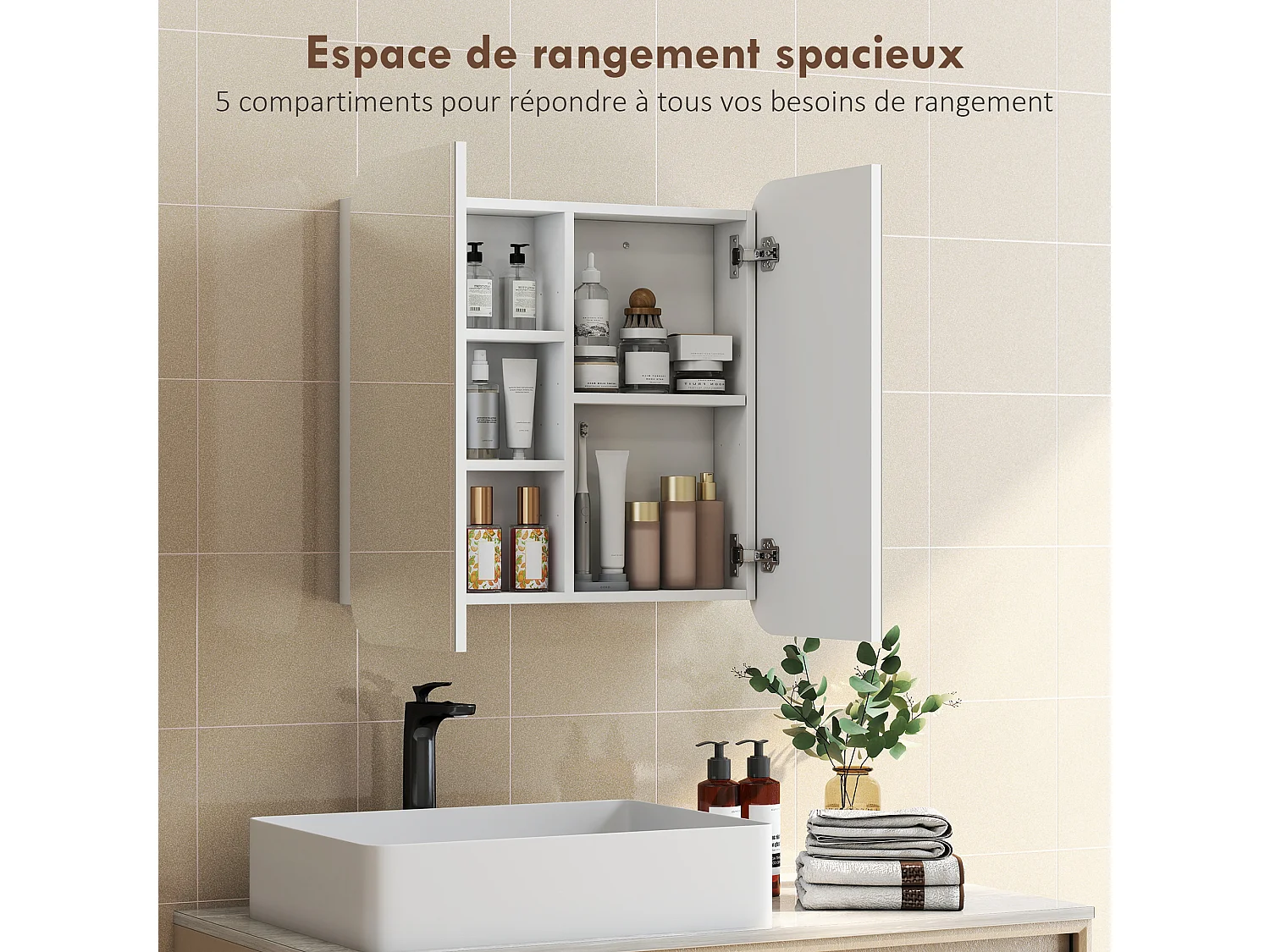 Armoire miroir murale salle de bain design arqué 2 portes dim. 68 x 13 x 66 cm blanc