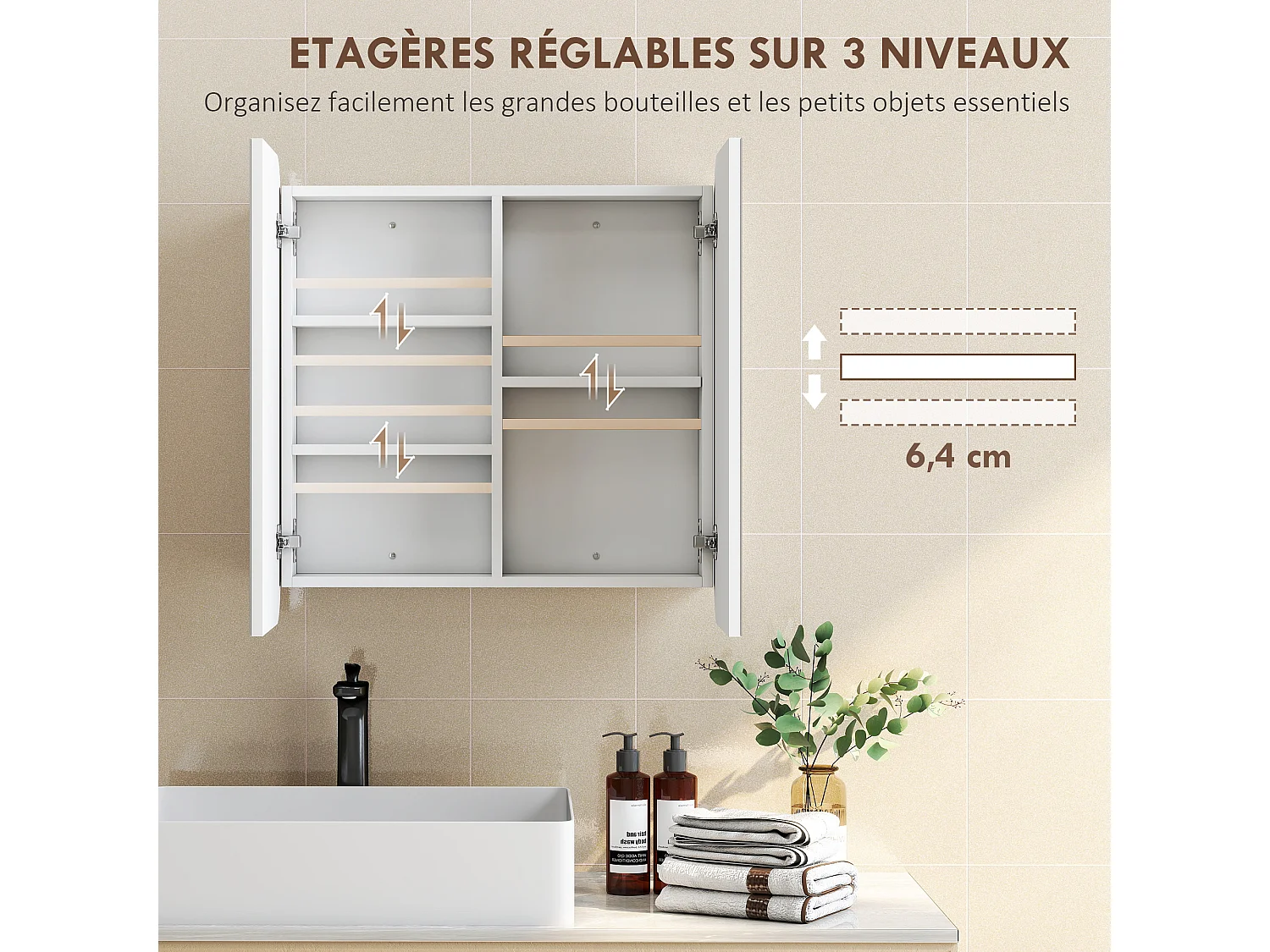 Armoire miroir murale salle de bain design arqué 2 portes dim. 68 x 13 x 66 cm blanc