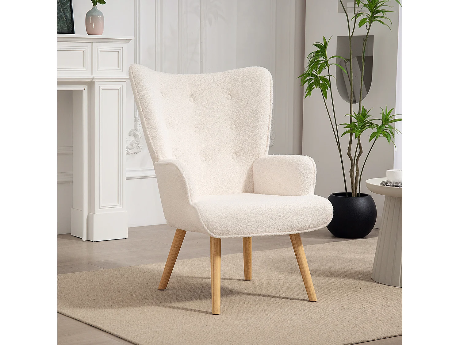 Fauteuil à oreilles style nordique piètement bois effet laine bouclée beige clair
