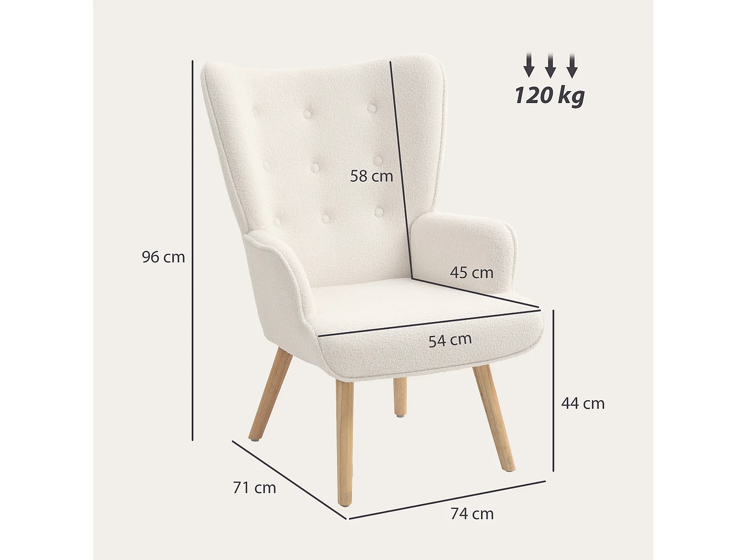 Fauteuil à oreilles style nordique piètement bois effet laine bouclée beige clair