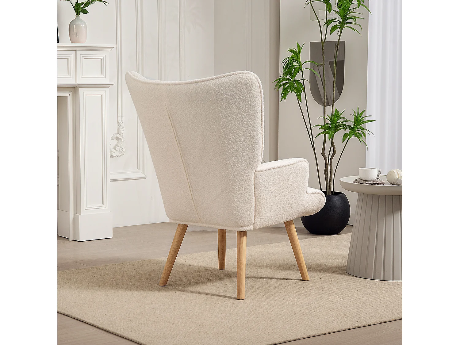 Fauteuil à oreilles style nordique piètement bois effet laine bouclée beige clair