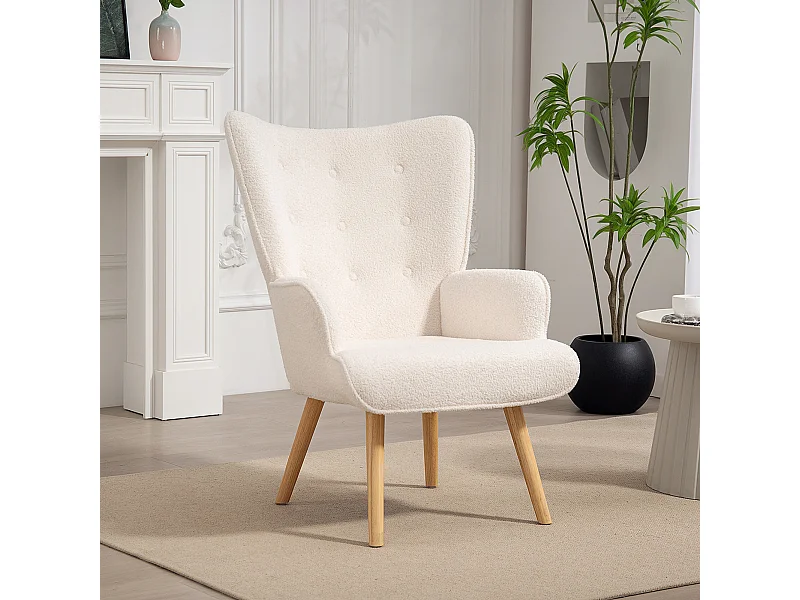 Fauteuil à oreilles style nordique piètement bois effet laine bouclée beige clair