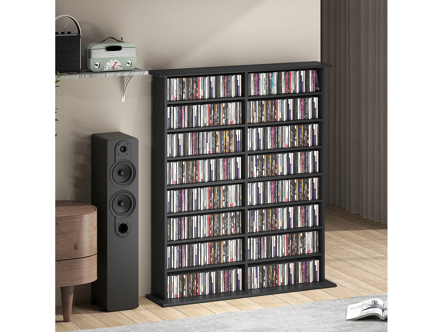 Étagère range CD - meuble rangement CD DVD - 16 compartiments, 12 étagères réglables - max 720 CD/396 DVD - noir