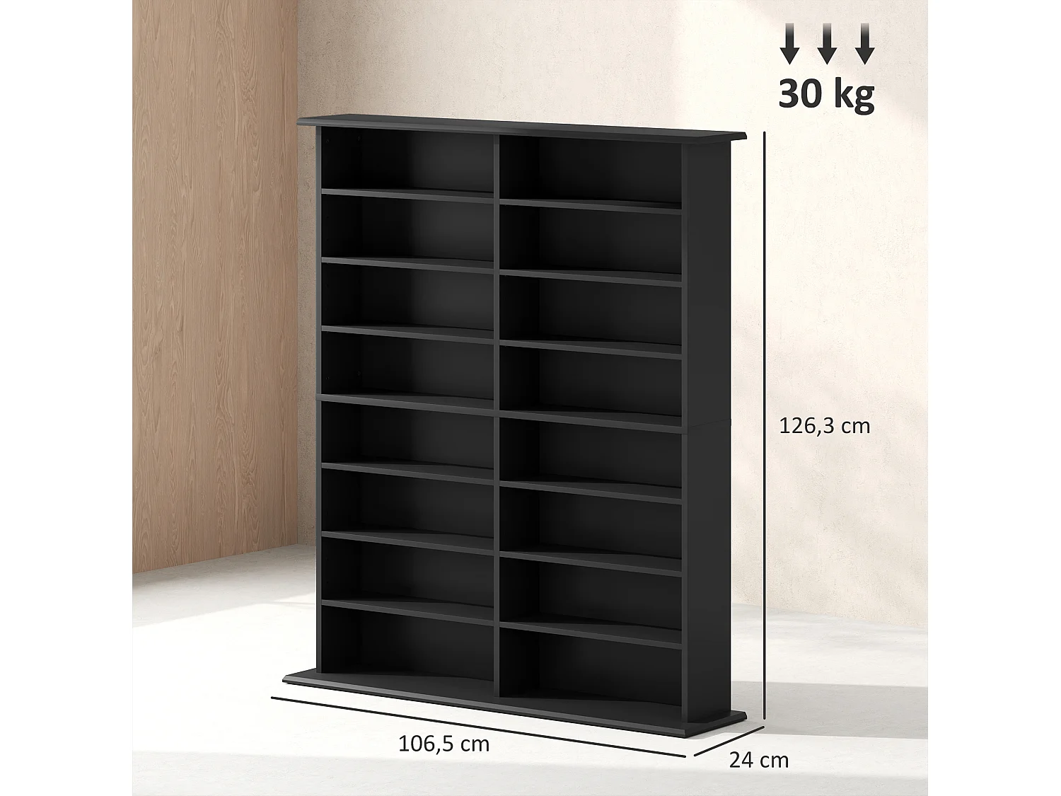 Étagère range CD - meuble rangement CD DVD - 16 compartiments, 12 étagères réglables - max 720 CD/396 DVD - noir