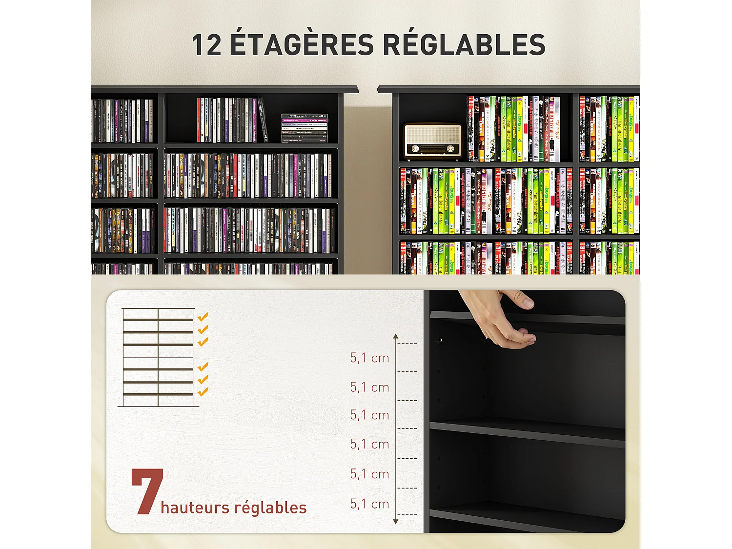 Étagère range CD - meuble rangement CD DVD - 16 compartiments, 12 étagères réglables - max 720 CD/396 DVD - noir