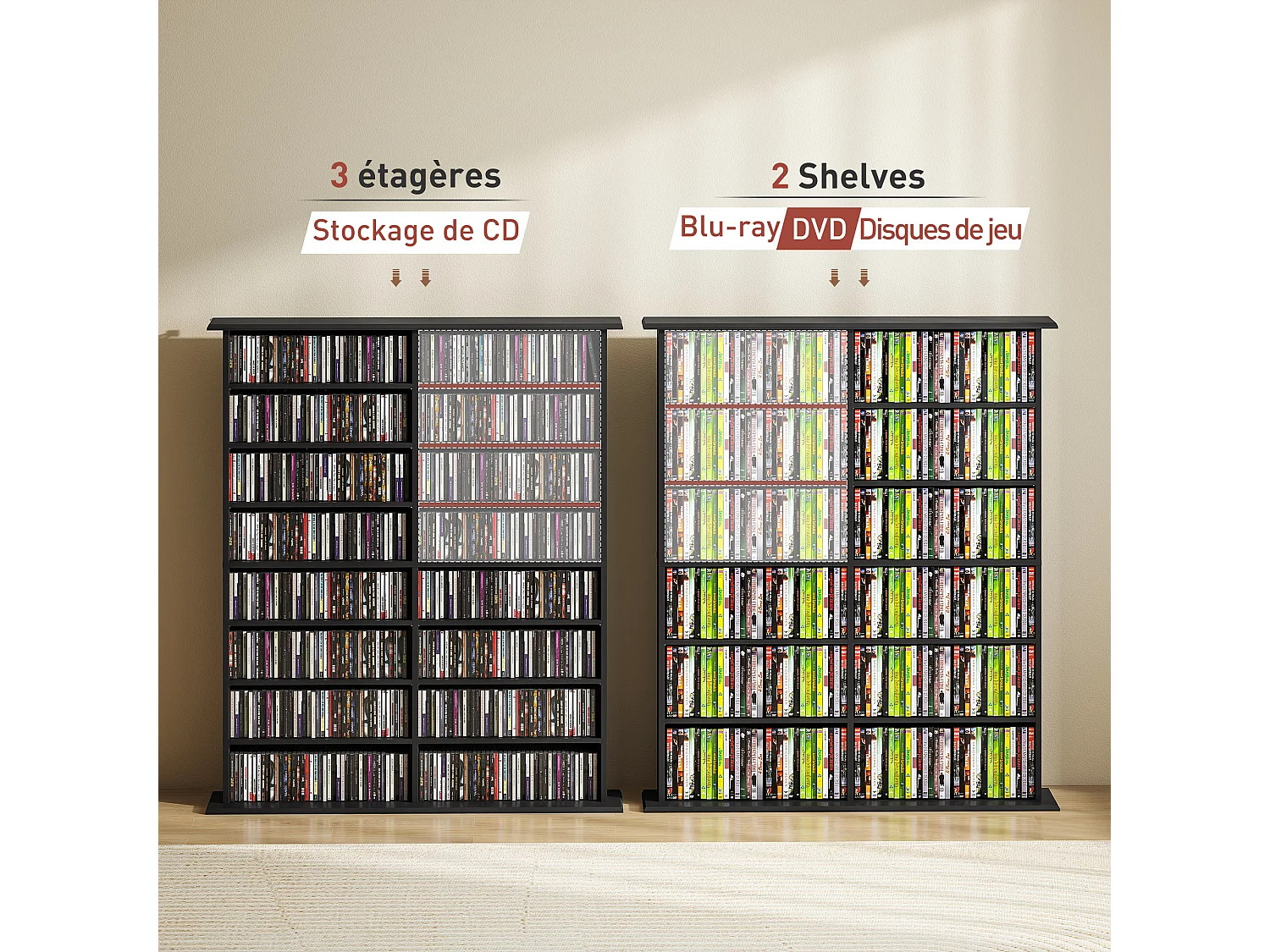Étagère range CD - meuble rangement CD DVD - 16 compartiments, 12 étagères réglables - max 720 CD/396 DVD - noir