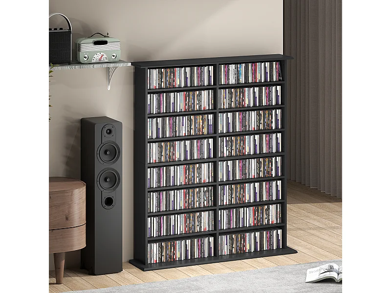 Étagère range CD - meuble rangement CD DVD - 16 compartiments, 12 étagères réglables - max 720 CD/396 DVD - noir