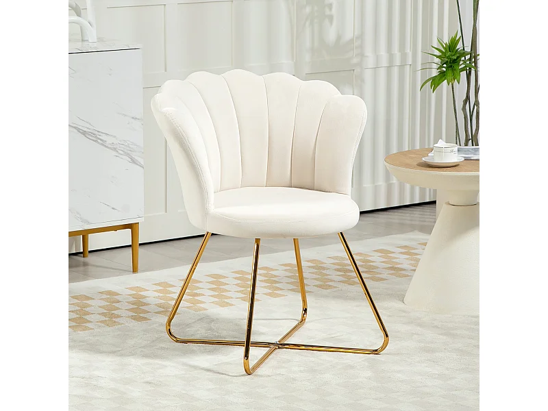 Fauteuil design coquillage piètement acier doré velours crème
