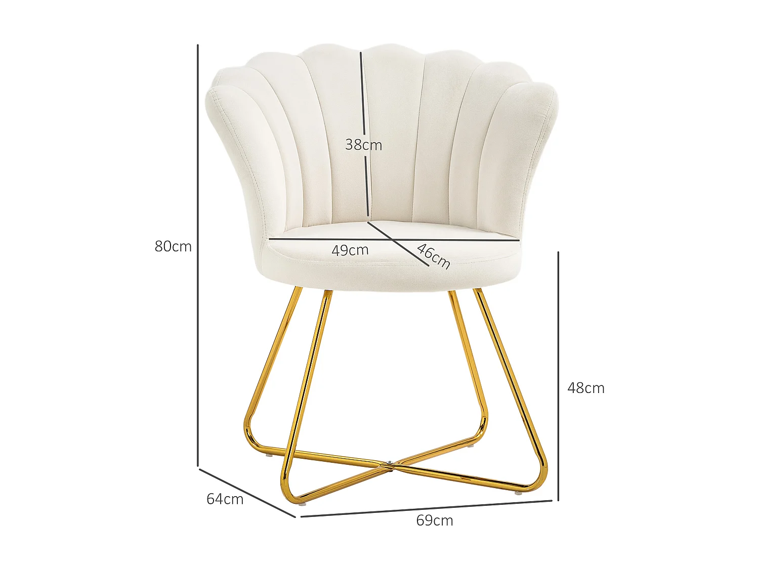 Fauteuil design coquillage piètement acier doré velours crème