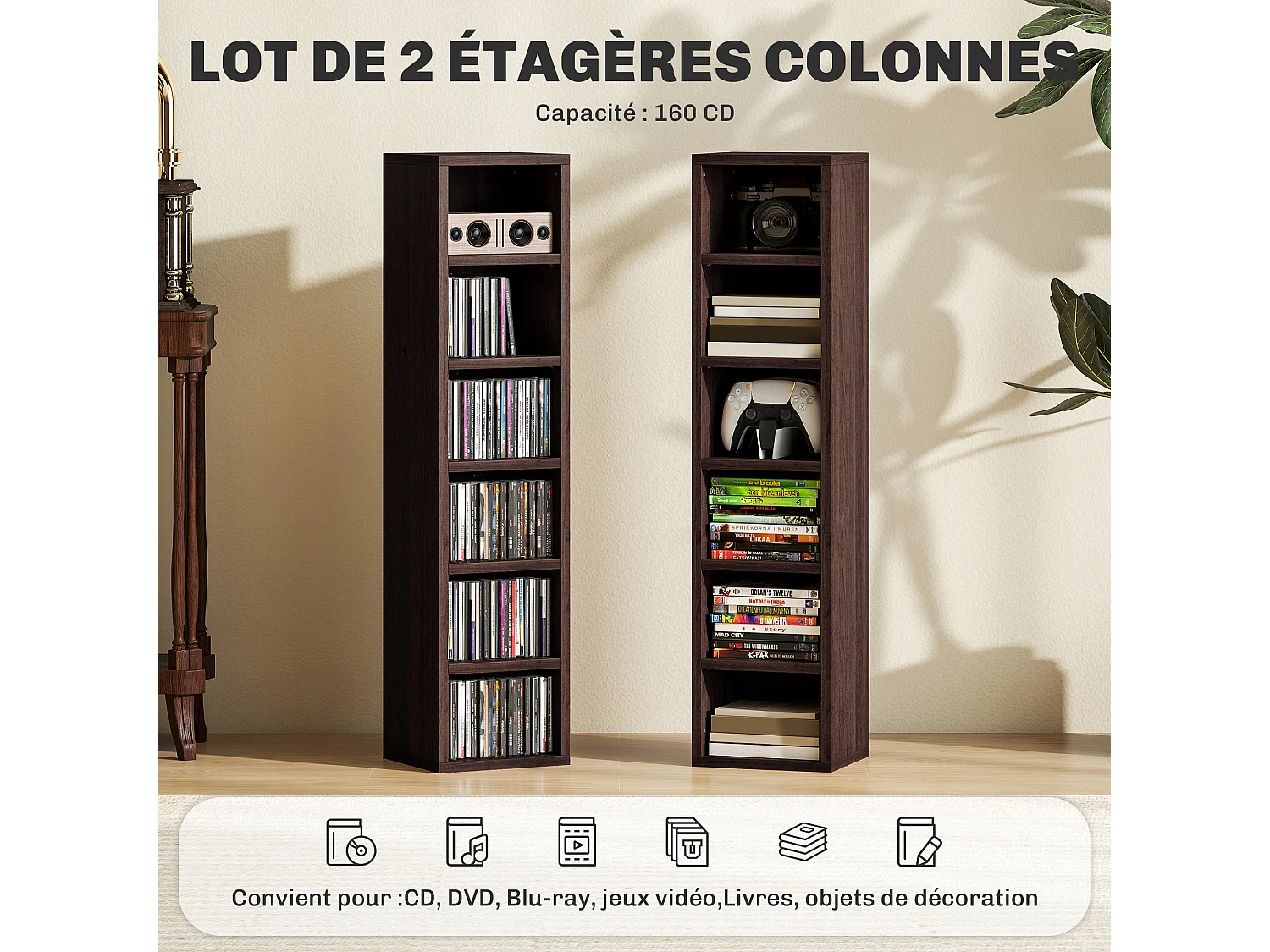 Lot de 2 étagères colonnes armoire de rangement CD-DVD 6 + 6 compartiments 21 x 19,2 x 88,3 cm capacité max. 160 CD effet bois marron