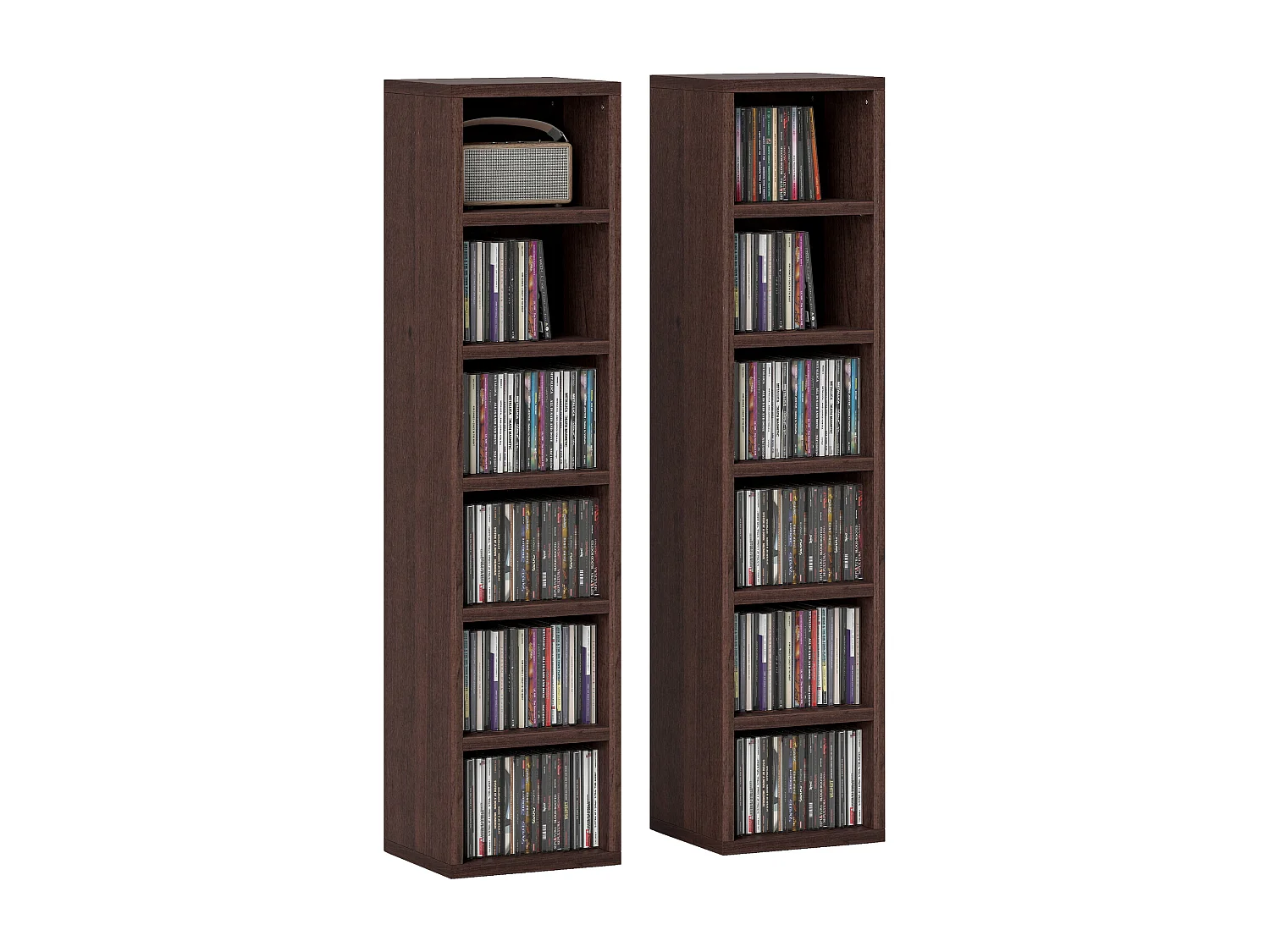 Lot de 2 étagères colonnes armoire de rangement CD-DVD 6 + 6 compartiments 21 x 19,2 x 88,3 cm capacité max. 160 CD effet bois marron