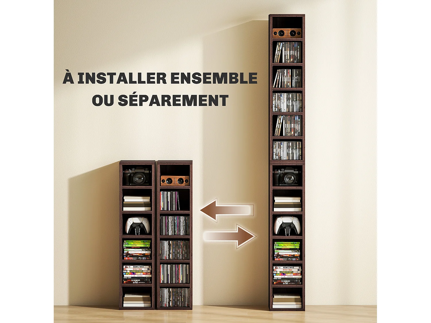 Lot de 2 étagères colonnes armoire de rangement CD-DVD 6 + 6 compartiments 21 x 19,2 x 88,3 cm capacité max. 160 CD effet bois marron