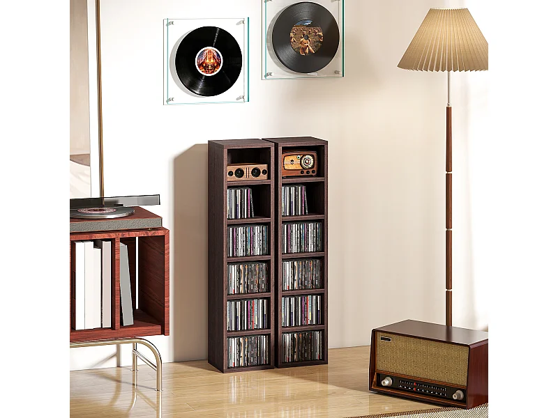 Lot de 2 étagères colonnes armoire de rangement CD-DVD 6 + 6 compartiments 21 x 19,2 x 88,3 cm capacité max. 160 CD effet bois marron