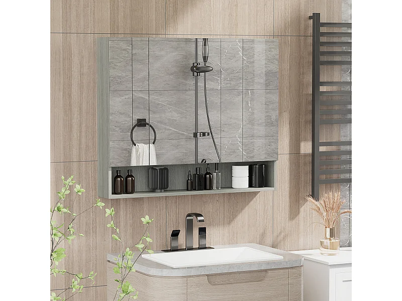 Armoire miroir salle de bain 3 portes 5 étagères, niche - 90 x 15 x 75 cm - effet bois gris