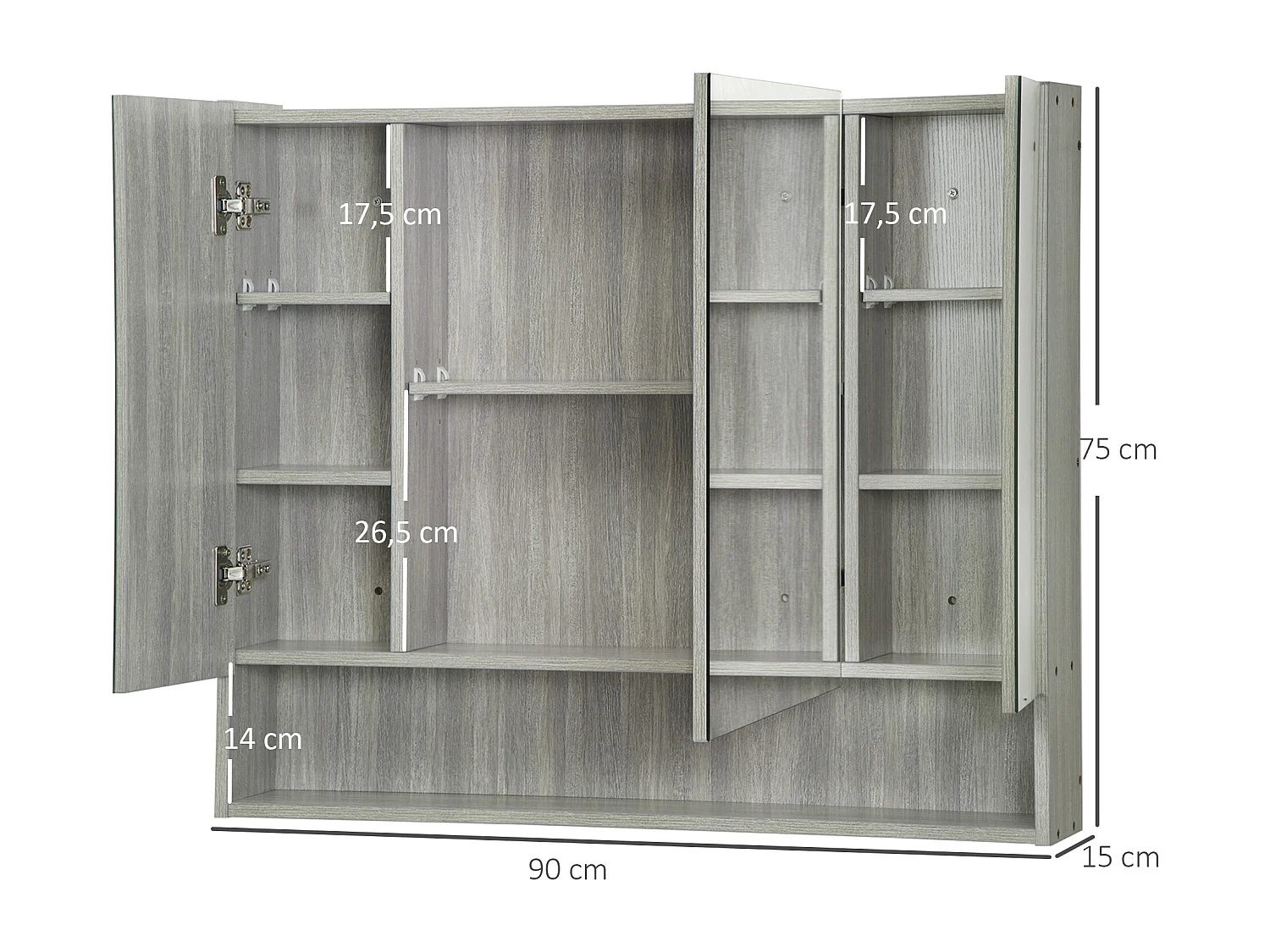 Armoire miroir salle de bain 3 portes 5 étagères, niche - 90 x 15 x 75 cm - effet bois gris