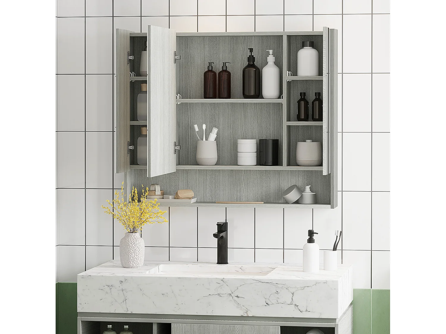 Armoire miroir salle de bain 3 portes 5 étagères, niche - 90 x 15 x 75 cm - effet bois gris