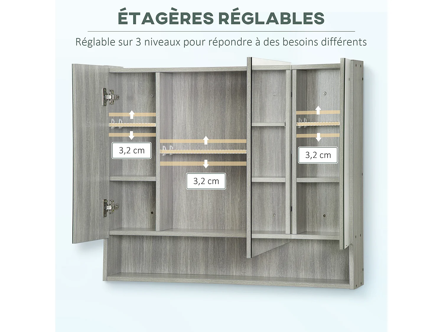Armoire miroir salle de bain 3 portes 5 étagères, niche - 90 x 15 x 75 cm - effet bois gris