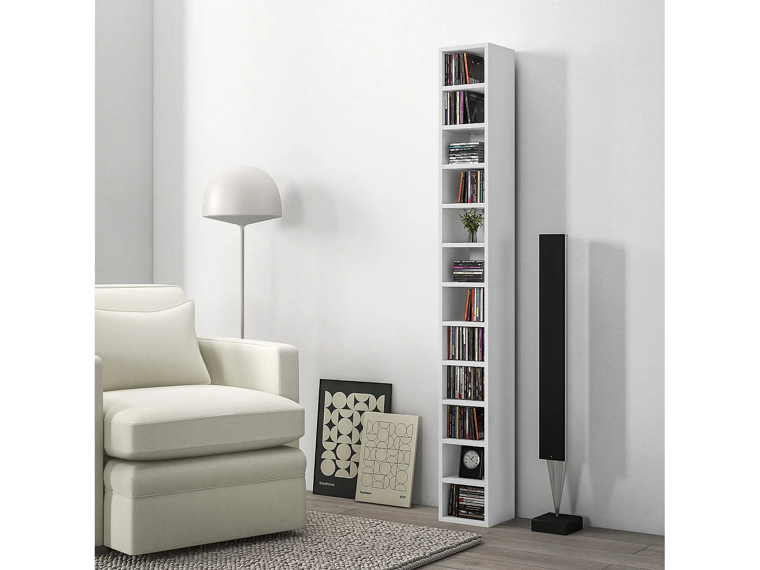 Étagère colonne armoire de rangement CD 12 compartiments 21L x 20l x 175H cm capacité max. 204 CD coloris blanc