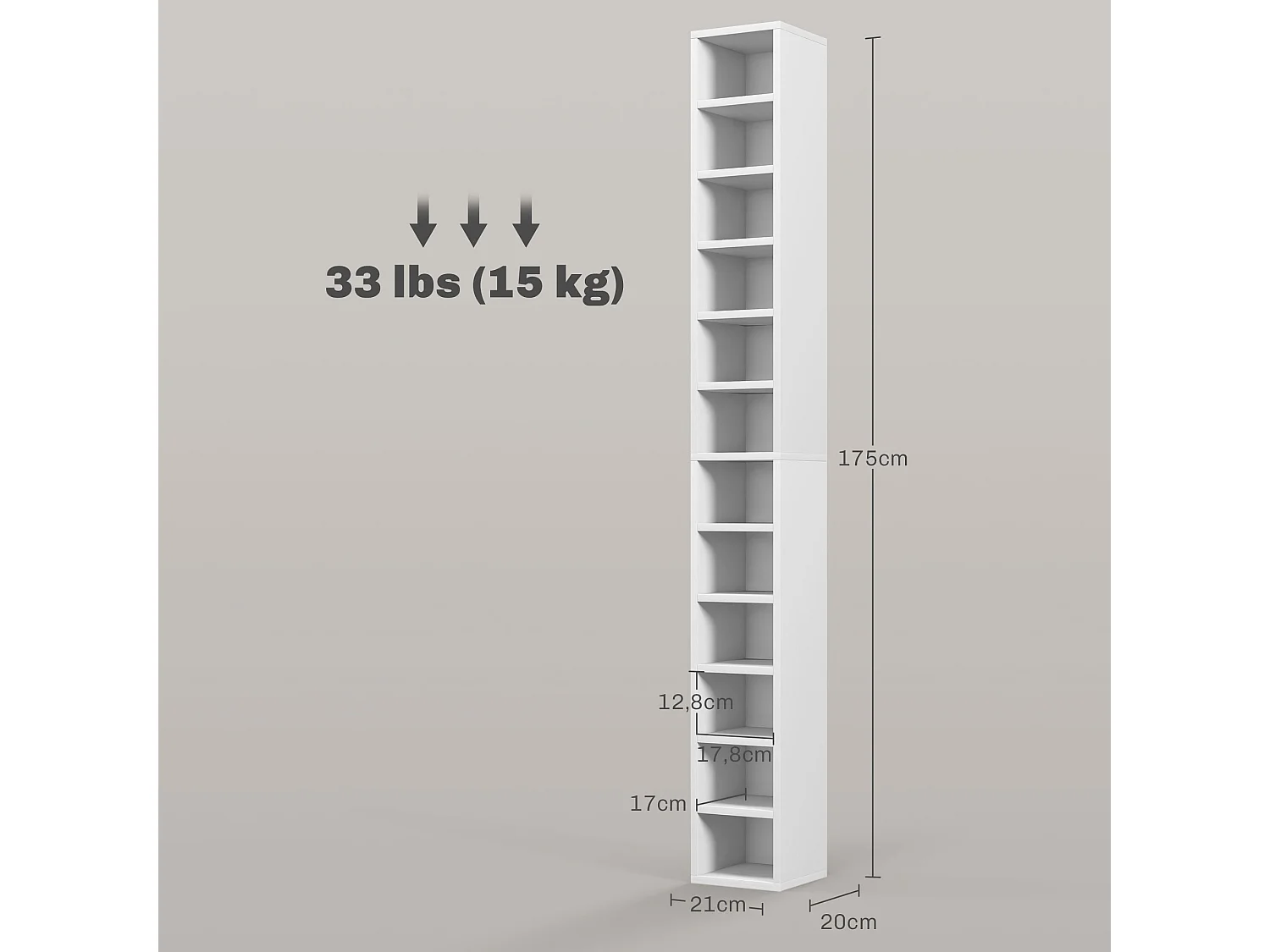 Étagère colonne armoire de rangement CD 12 compartiments 21L x 20l x 175H cm capacité max. 204 CD coloris blanc