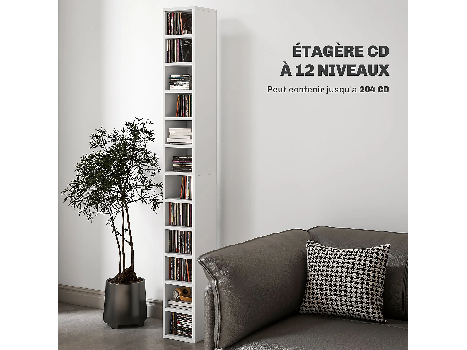 Étagère colonne armoire de rangement CD 12 compartiments 21L x 20l x 175H cm capacité max. 204 CD coloris blanc