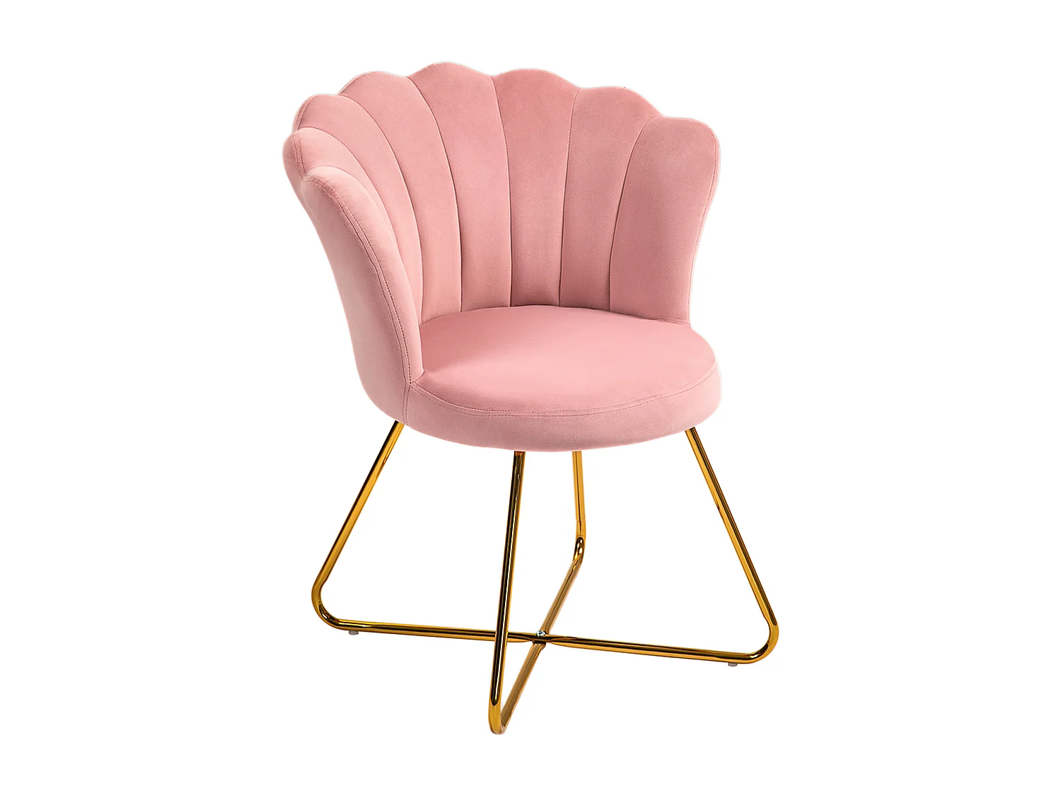 Fauteuil design coquillage piètement acier doré velours rose poudré