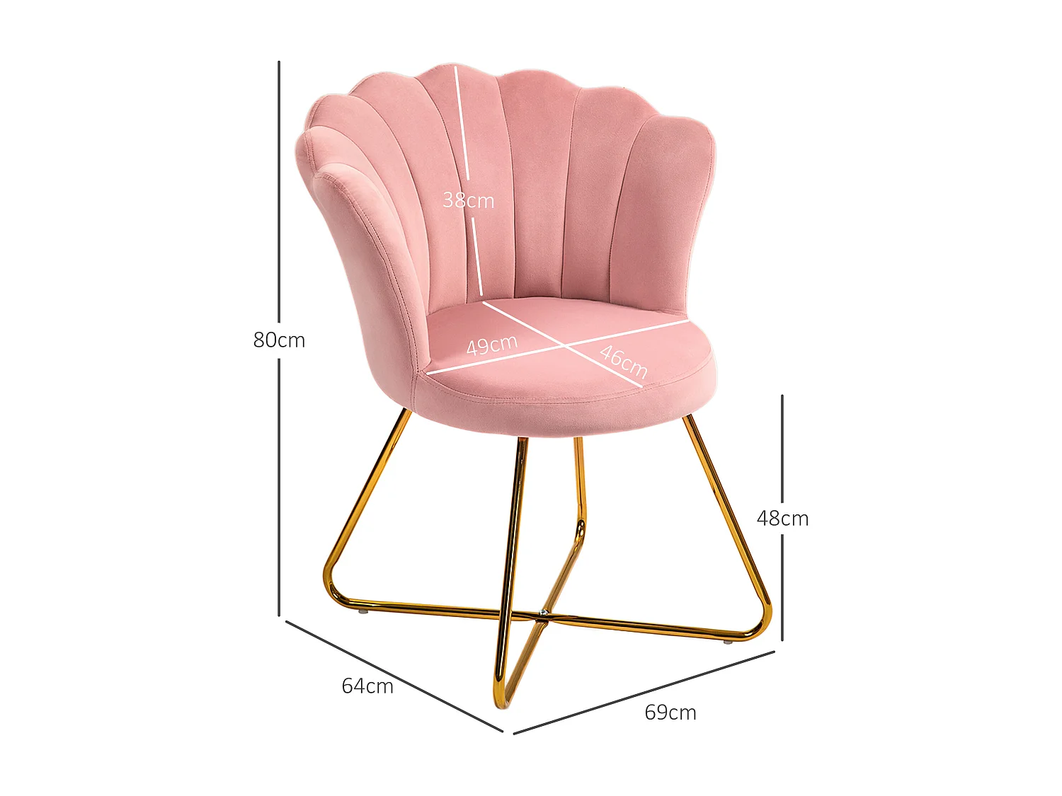 Fauteuil design coquillage piètement acier doré velours rose poudré
