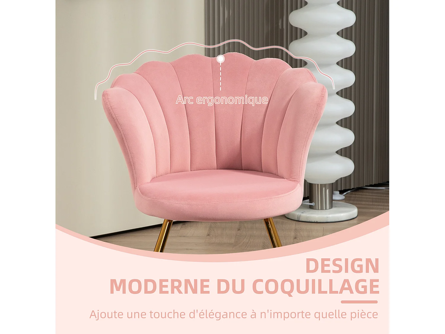 Fauteuil design coquillage piètement acier doré velours rose poudré