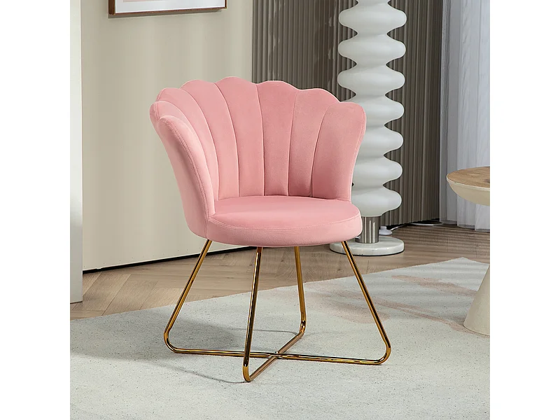 Fauteuil design coquillage piètement acier doré velours rose poudré