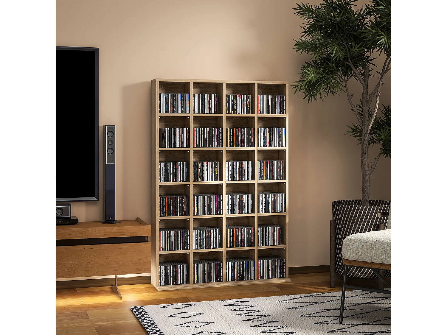 Étagère rangement CD/DVD meuble de rangement pour 480 CDs 24 compartiments réglables en hauteur 89 x 20 x 130 cm naturel