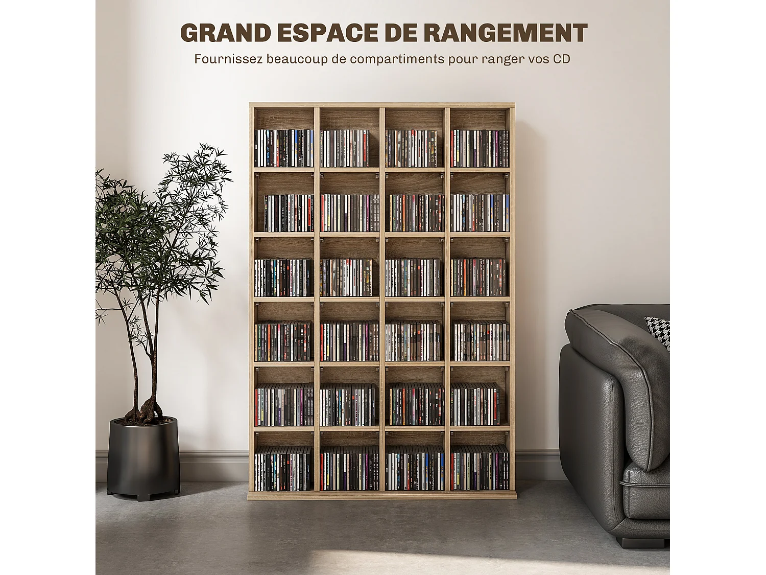 Étagère rangement CD/DVD meuble de rangement pour 480 CDs 24 compartiments réglables en hauteur 89 x 20 x 130 cm naturel