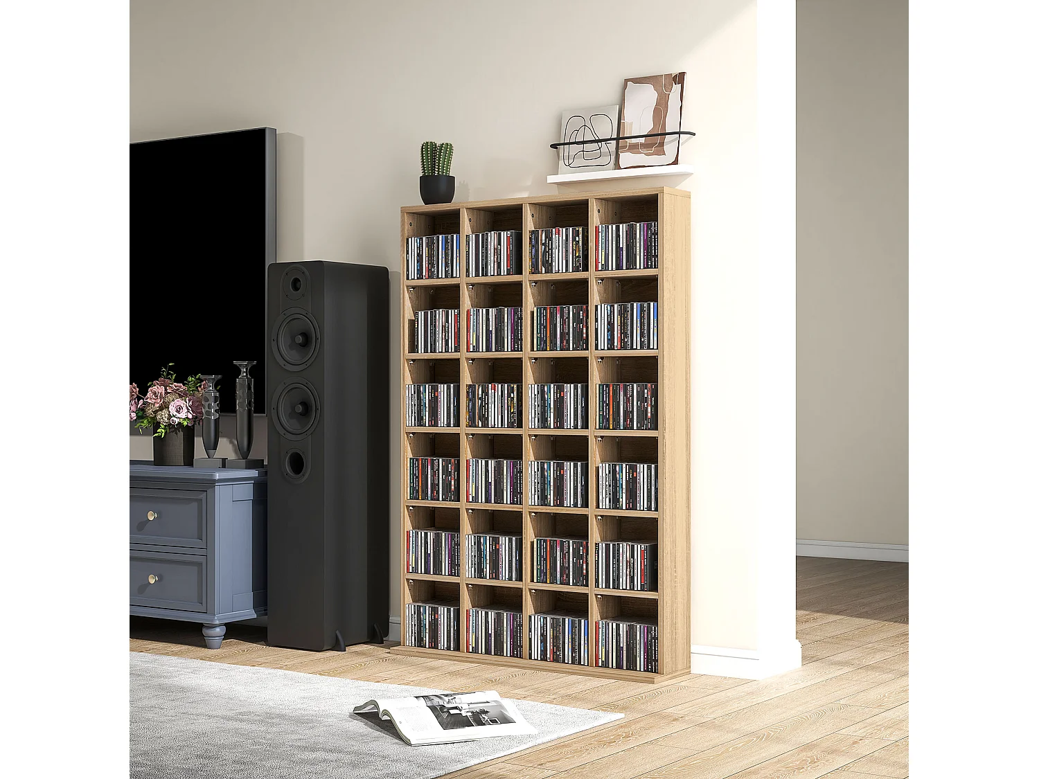 Étagère rangement CD/DVD meuble de rangement pour 480 CDs 24 compartiments réglables en hauteur 89 x 20 x 130 cm naturel