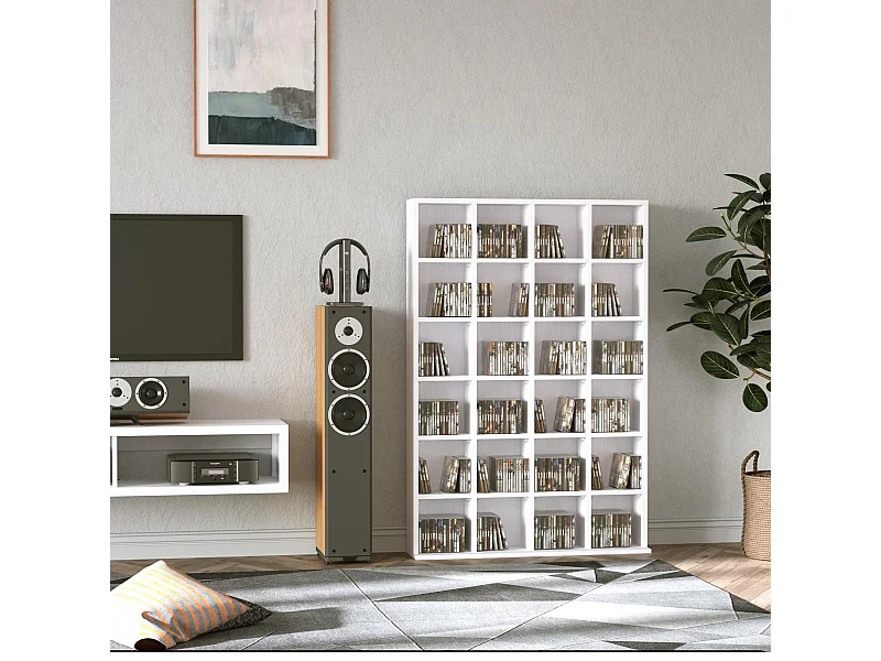 Étagère rangement CD/DVD meuble de rangement pour 480 CDs 24 compartiments réglables en hauteur 89 x 20 x 130 cm blanc