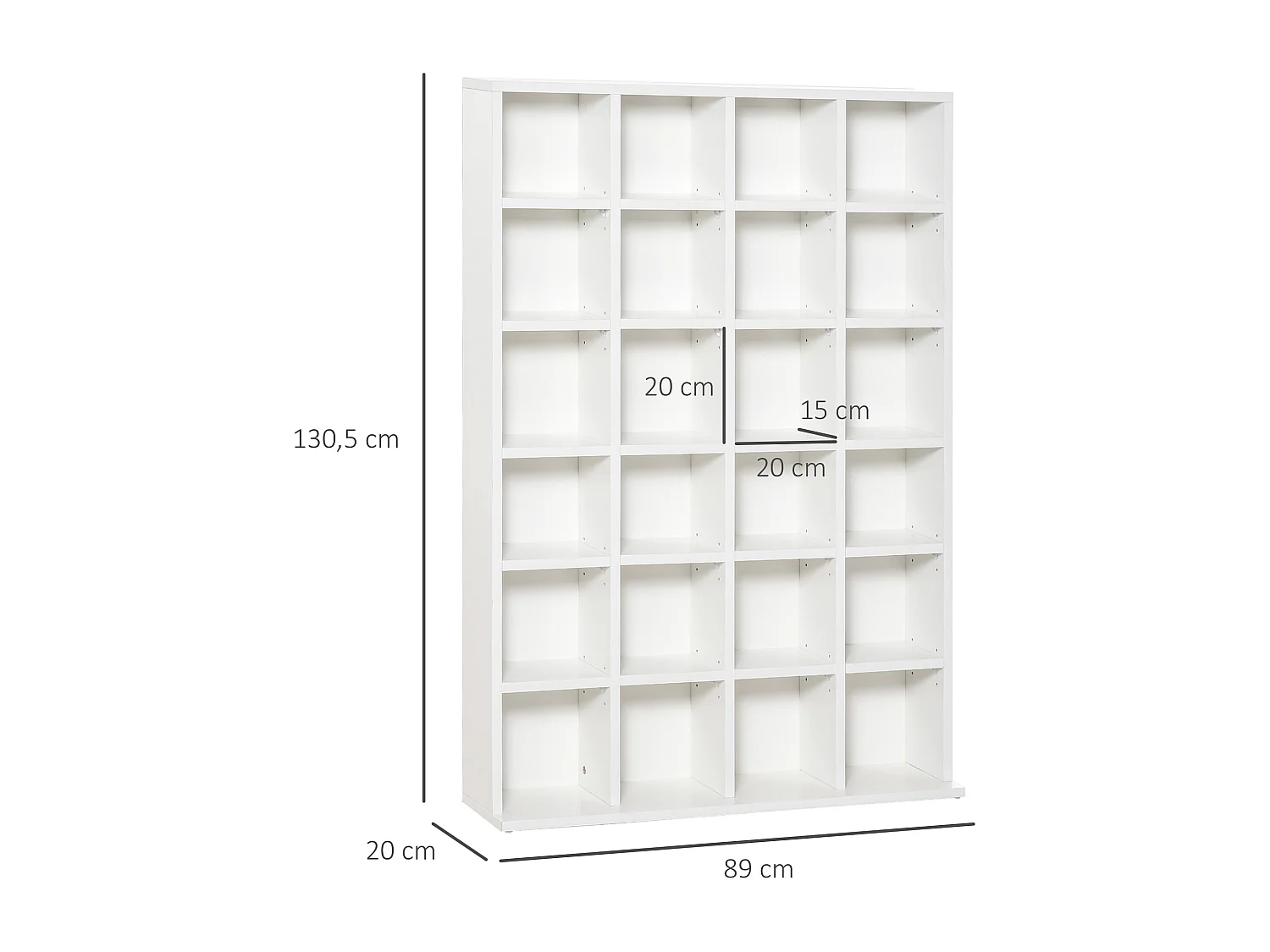Étagère rangement CD/DVD meuble de rangement pour 480 CDs 24 compartiments réglables en hauteur 89 x 20 x 130 cm blanc