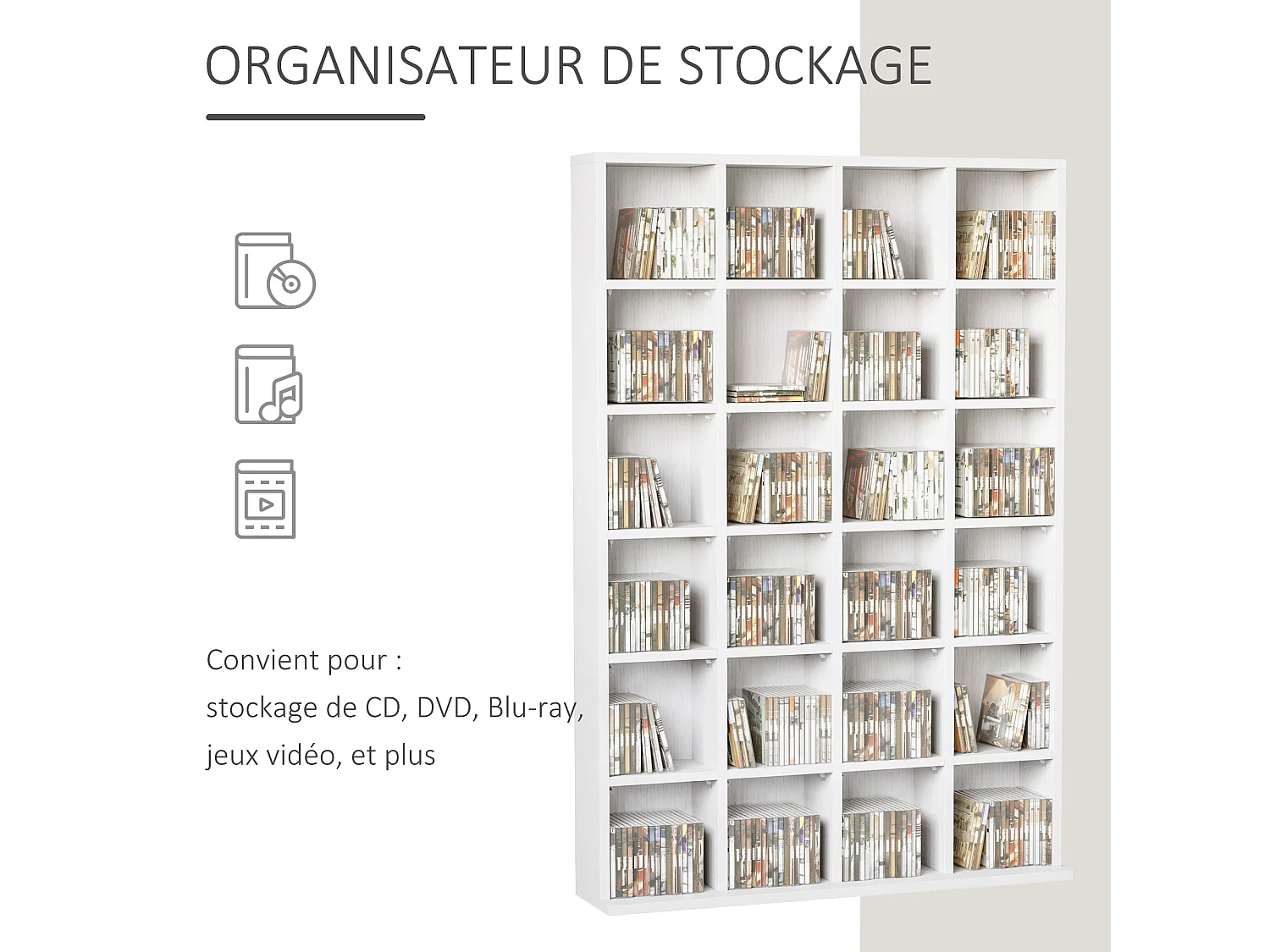 Étagère rangement CD/DVD meuble de rangement pour 480 CDs 24 compartiments réglables en hauteur 89 x 20 x 130 cm blanc